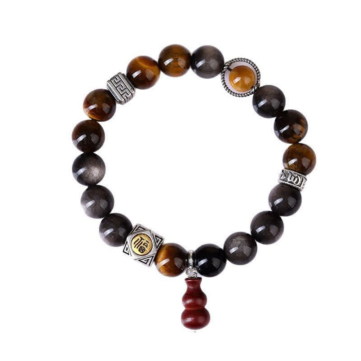 Buddha Stones Silver Sheen Obsidian Grounding Fu Character Gourd Bracelet - image 9