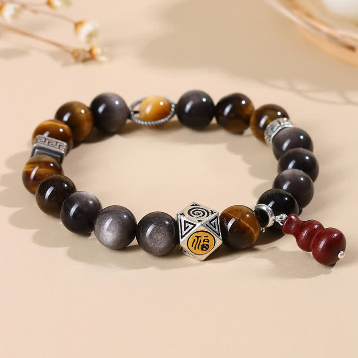 Buddha Stones Silver Sheen Obsidian Grounding Fu Character Gourd Bracelet - image 1