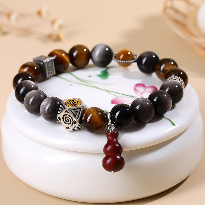 Buddha Stones Silver Sheen Obsidian Grounding Fu Character Gourd Bracelet - image 3