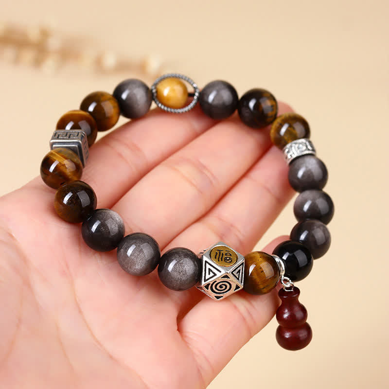 Buddha Stones Silver Sheen Obsidian Grounding Fu Character Gourd Bracelet - image 7