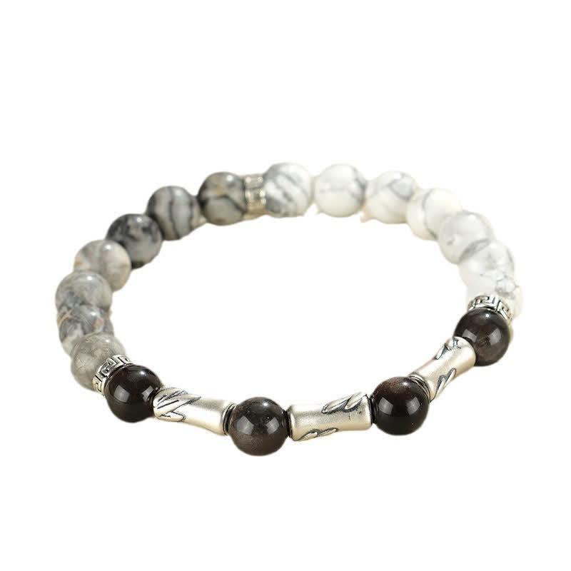Buddha Stones 999 Sterling Silver White Turquoise And Silver Sheen Obsidian Bamboo Grounding Round Bracelet - image 11