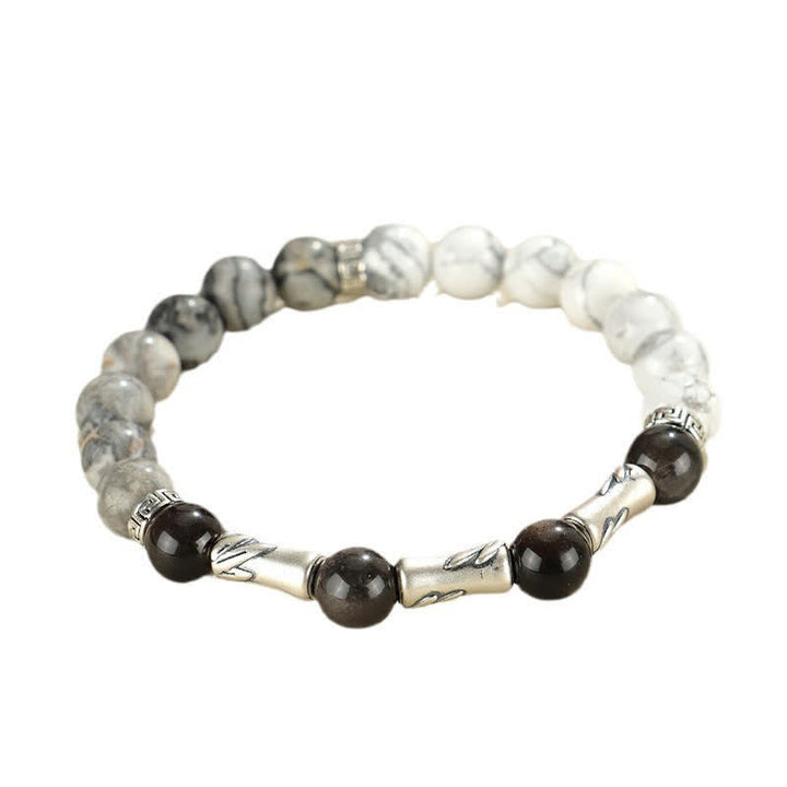 Buddha Stones 999 Sterling Silver White Turquoise And Silver Sheen Obsidian Bamboo Grounding Round Bracelet - image 11