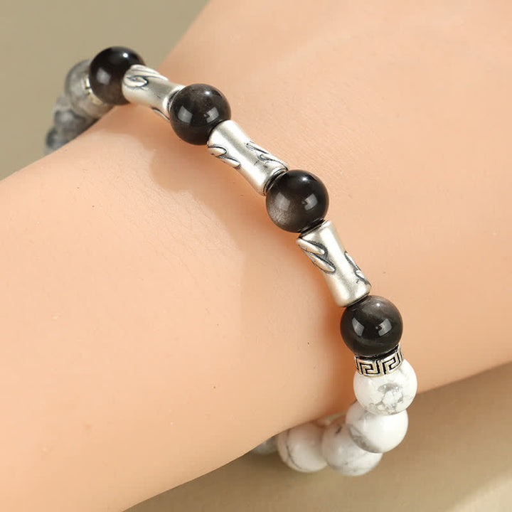 Buddha Stones 999 Sterling Silver White Turquoise And Silver Sheen Obsidian Bamboo Grounding Round Bracelet - image 10