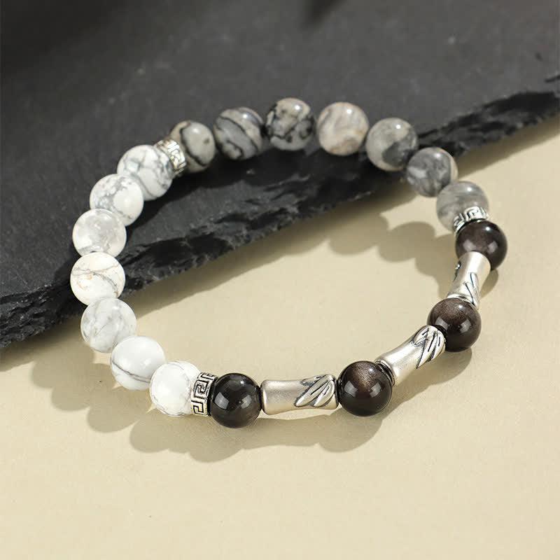 Buddha Stones 999 Sterling Silver White Turquoise And Silver Sheen Obsidian Bamboo Grounding Round Bracelet - image 3