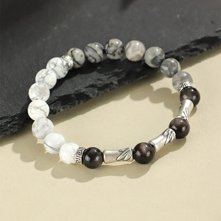 Buddha Stones 999 Sterling Silver White Turquoise And Silver Sheen Obsidian Bamboo Grounding Round Bracelet - image 3