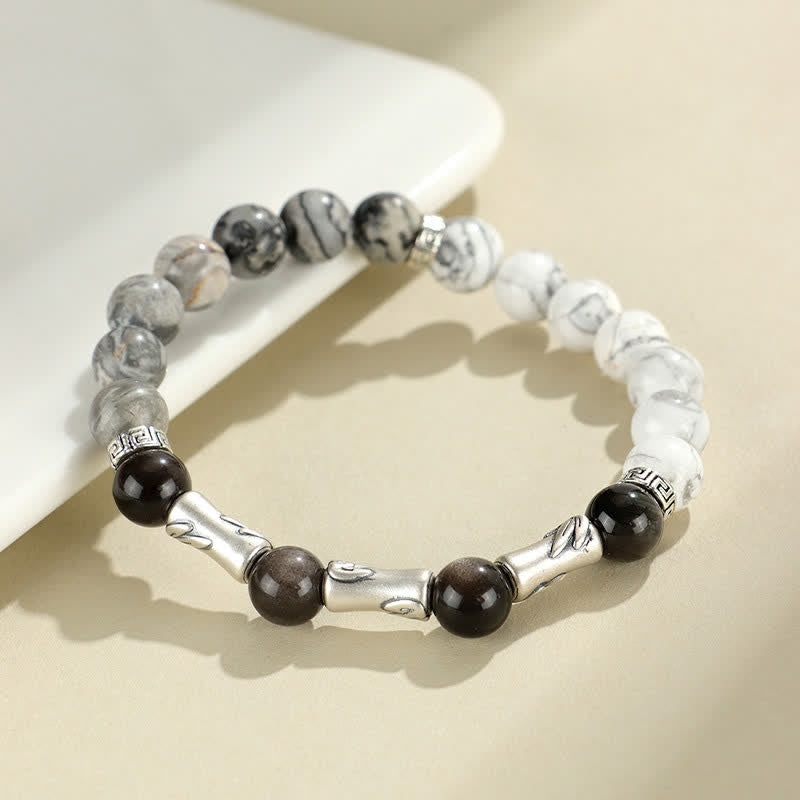 Buddha Stones 999 Sterling Silver White Turquoise And Silver Sheen Obsidian Bamboo Grounding Round Bracelet - White Turquoise( Calm ♥ Wealth Relaxation) - image 0