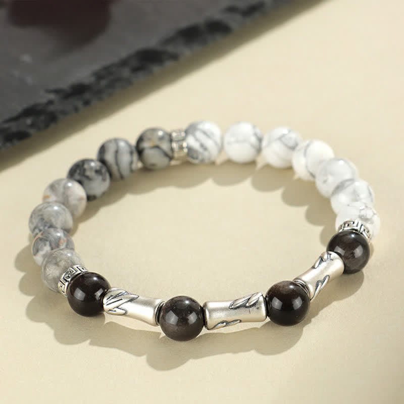 Buddha Stones 999 Sterling Silver White Turquoise And Silver Sheen Obsidian Bamboo Grounding Round Bracelet - image 2
