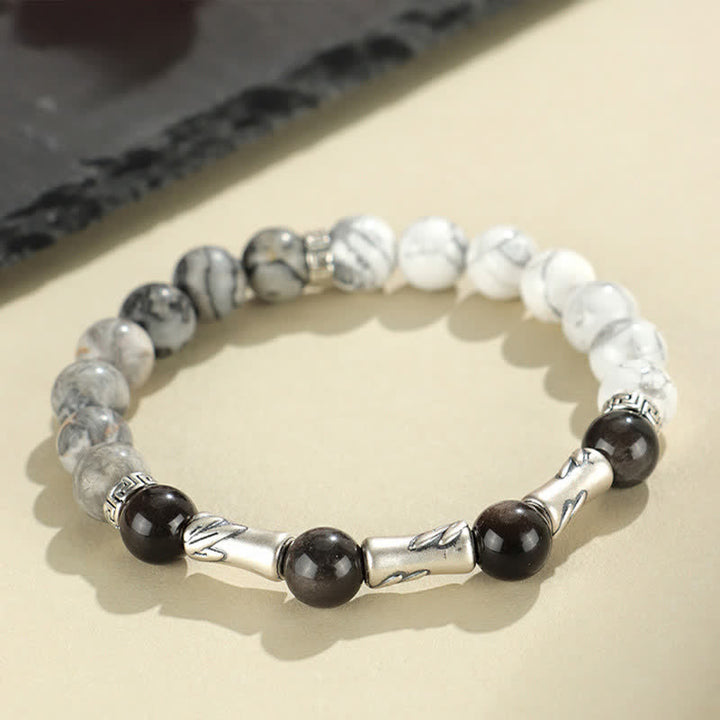 Buddha Stones 999 Sterling Silver White Turquoise And Silver Sheen Obsidian Bamboo Grounding Round Bracelet - image 2