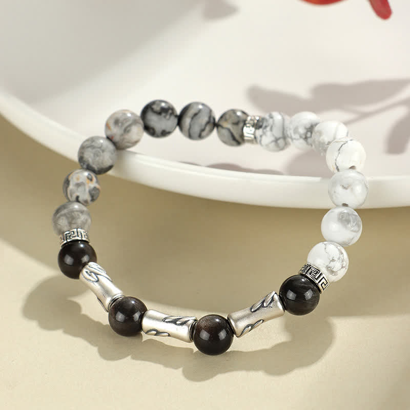 Buddha Stones 999 Sterling Silver White Turquoise And Silver Sheen Obsidian Bamboo Grounding Round Bracelet - image 1