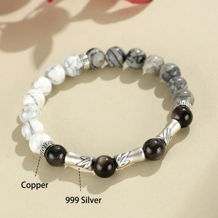 Buddha Stones 999 Sterling Silver White Turquoise And Silver Sheen Obsidian Bamboo Grounding Round Bracelet - image 4