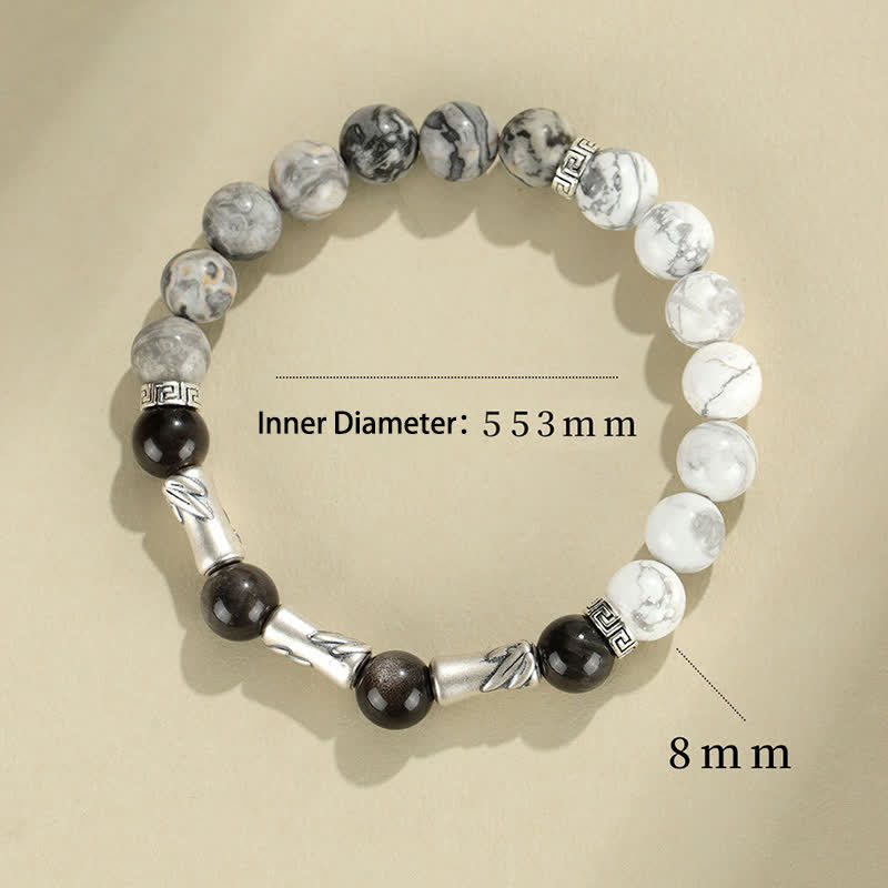 Buddha Stones 999 Sterling Silver White Turquoise And Silver Sheen Obsidian Bamboo Grounding Round Bracelet - image 8