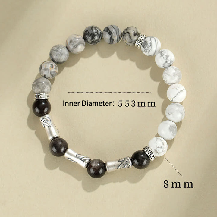 Buddha Stones 999 Sterling Silver White Turquoise And Silver Sheen Obsidian Bamboo Grounding Round Bracelet - image 8