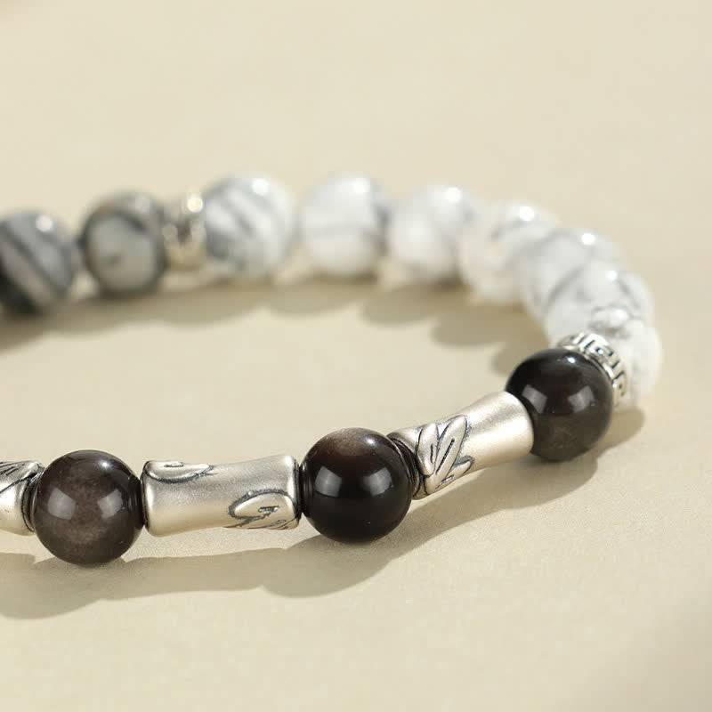 Buddha Stones 999 Sterling Silver White Turquoise And Silver Sheen Obsidian Bamboo Grounding Round Bracelet - image 9