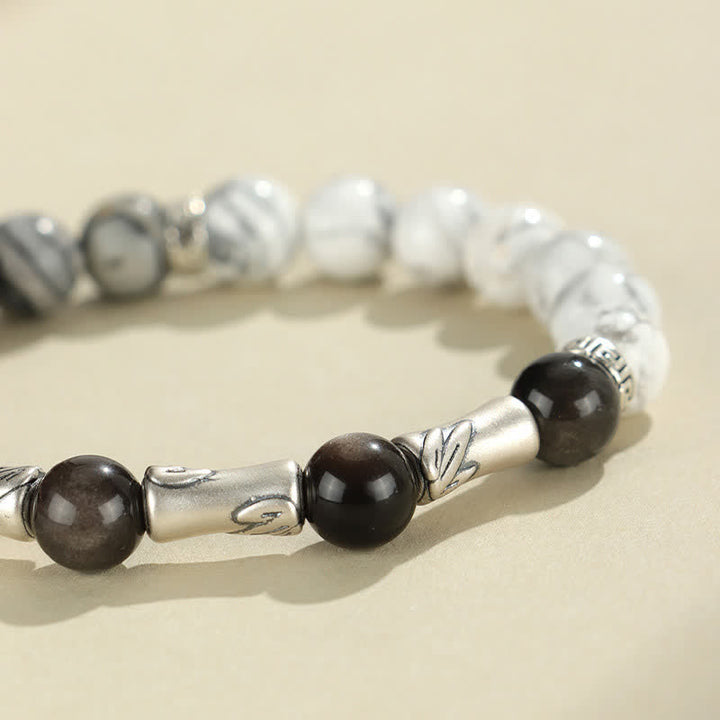 Buddha Stones 999 Sterling Silver White Turquoise And Silver Sheen Obsidian Bamboo Grounding Round Bracelet - image 9