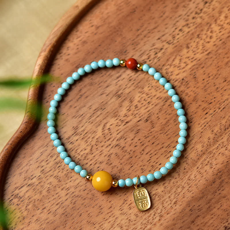 Buddha Stones Turquoise Fu Character Luck Handcrafted Beaded Bracelet - image 1