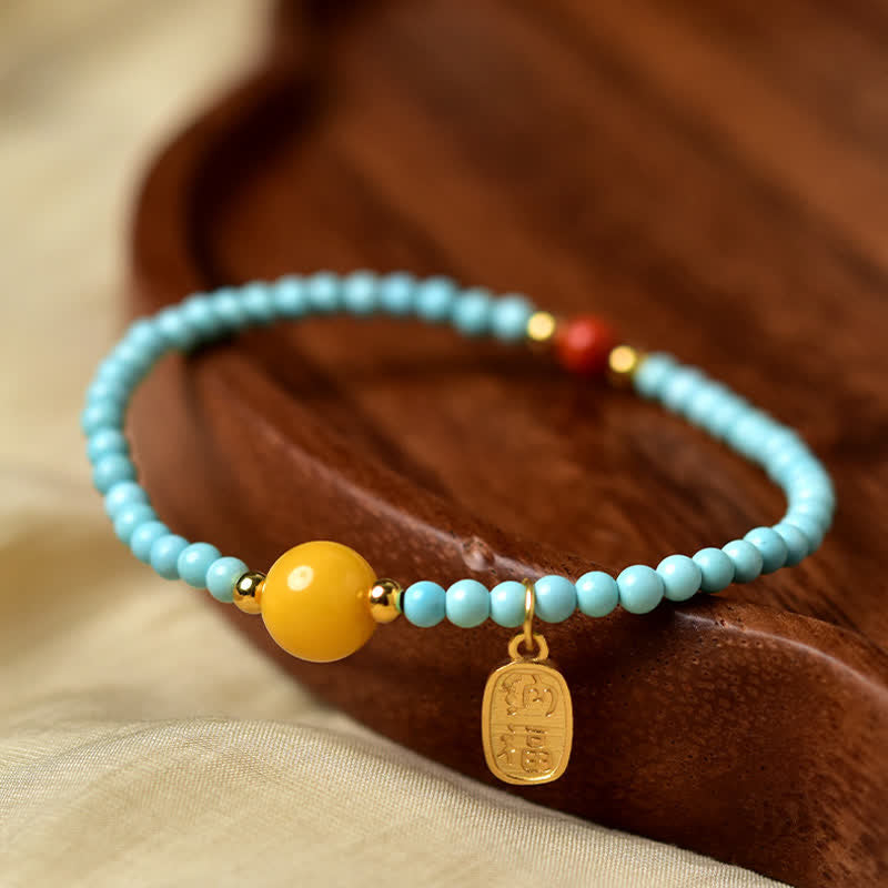 Buddha Stones Turquoise Fu Character Luck Handcrafted Beaded Bracelet - image 2