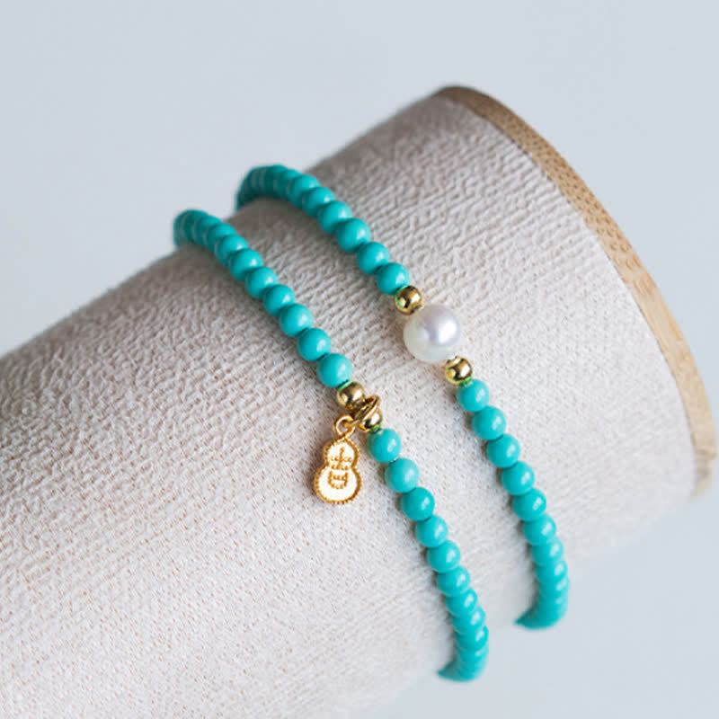 Buddha Stones Turquoise Pearl Gourd Pendant Double Wrap Protection Handmade Bracelet - image 8