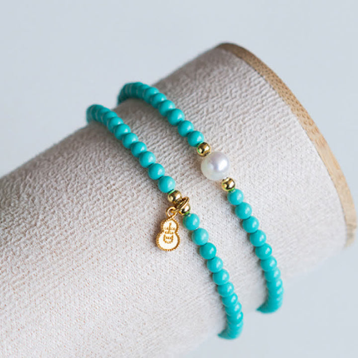 Buddha Stones Turquoise Pearl Gourd Pendant Double Wrap Protection Handmade Bracelet - image 8