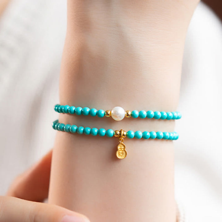 Buddha Stones Turquoise Pearl Gourd Pendant Double Wrap Protection Handmade Bracelet - image 7