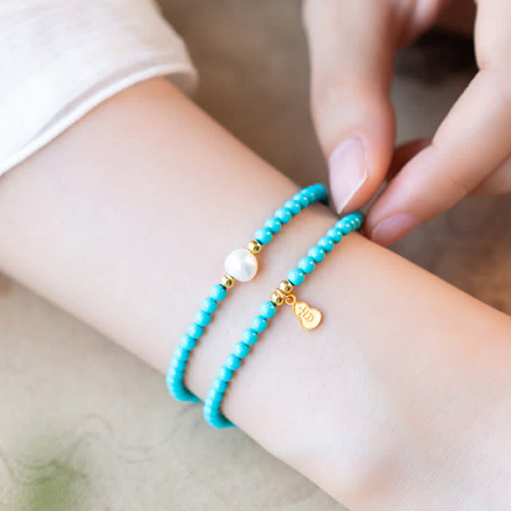 Buddha Stones Turquoise Pearl Gourd Pendant Double Wrap Protection Handmade Bracelet - image 10