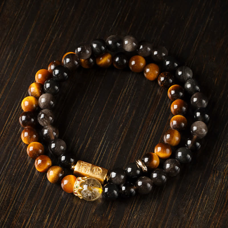 Buddha Stones Tiger Eye Silver Sheen Obsidian Prosperity Hand-Woven Double Wrap Bracelet - image 3