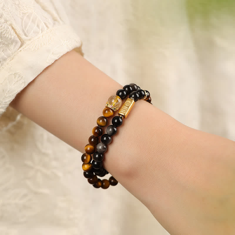 Buddha Stones Tiger Eye Silver Sheen Obsidian Prosperity Hand-Woven Double Wrap Bracelet - image 8