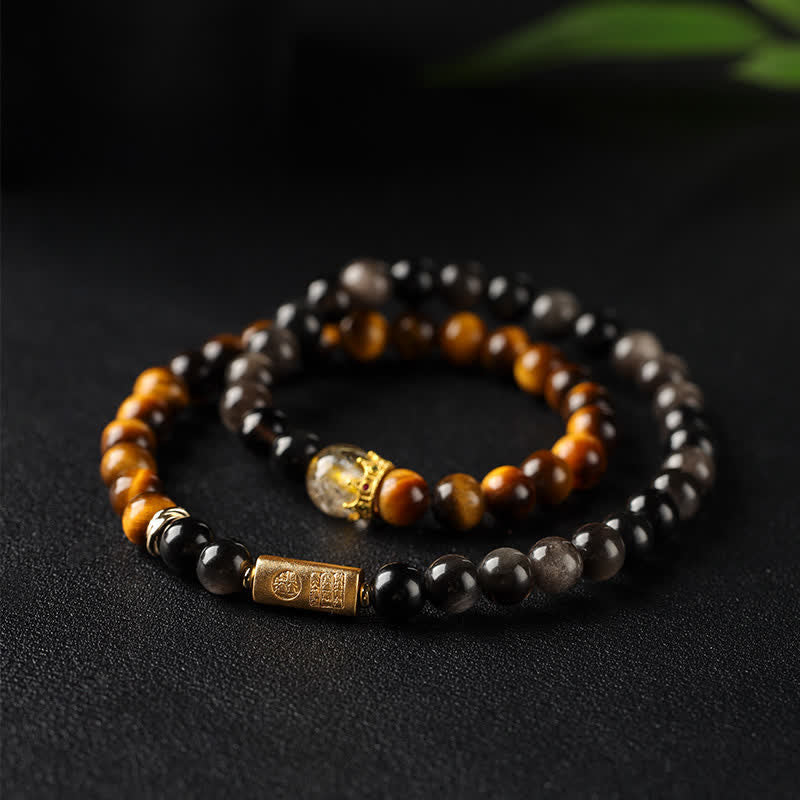 Buddha Stones Tiger Eye Silver Sheen Obsidian Prosperity Hand-Woven Double Wrap Bracelet - Tiger Eye(Protection♥Strength) - image 0