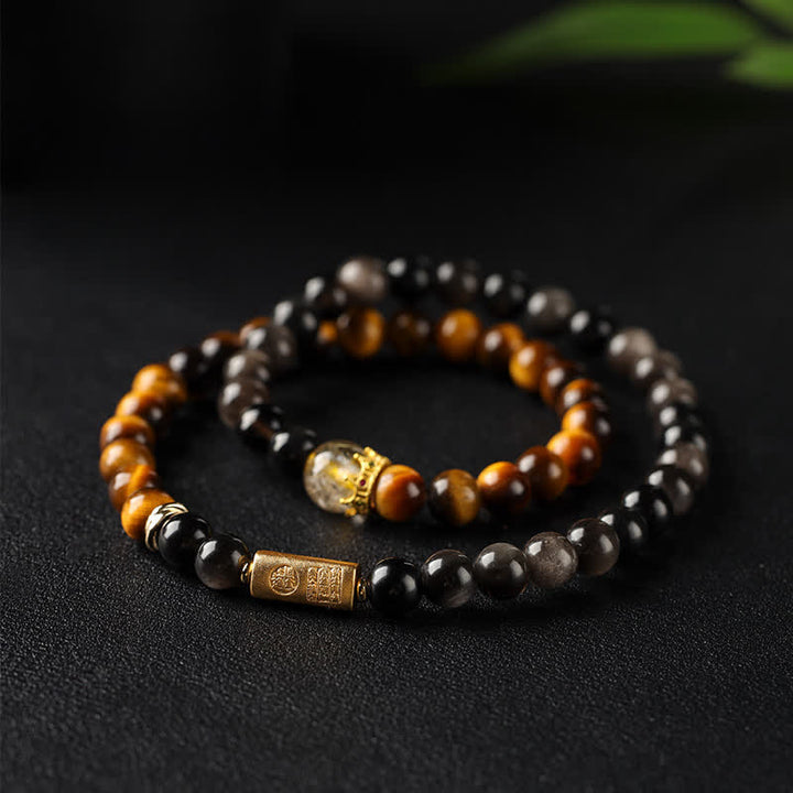 Buddha Stones Tiger Eye Silver Sheen Obsidian Prosperity Hand-Woven Double Wrap Bracelet - Tiger Eye(Protection♥Strength) - image 0