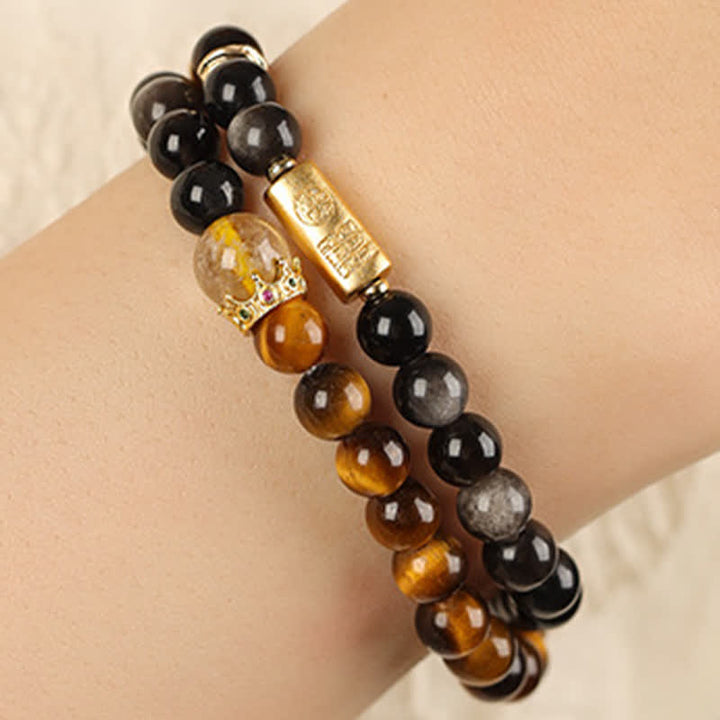 Buddha Stones Tiger Eye Silver Sheen Obsidian Prosperity Hand-Woven Double Wrap Bracelet - image 7