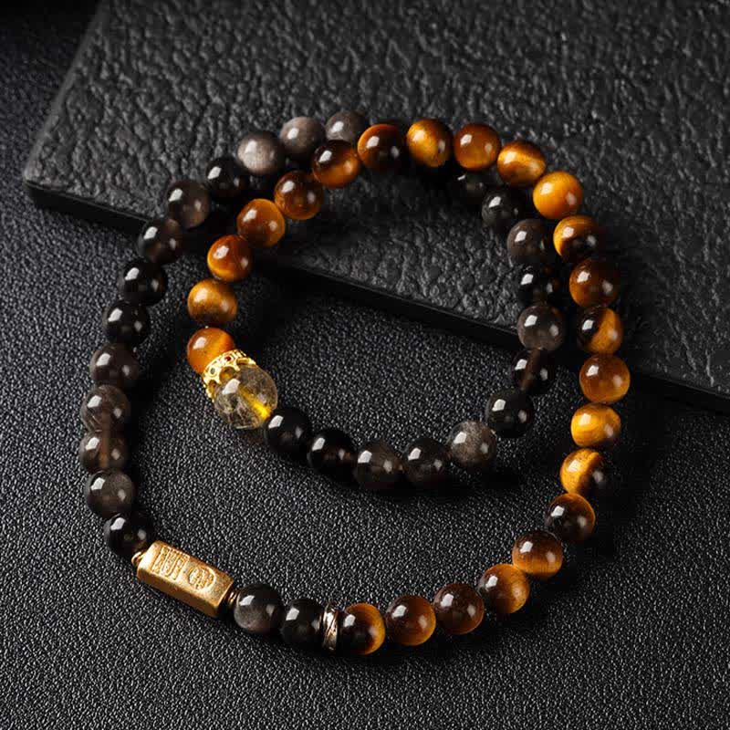 Buddha Stones Tiger Eye Silver Sheen Obsidian Prosperity Hand-Woven Double Wrap Bracelet - image 2