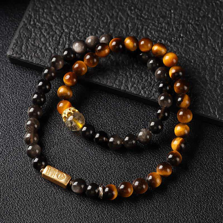 Buddha Stones Tiger Eye Silver Sheen Obsidian Prosperity Hand-Woven Double Wrap Bracelet - image 2
