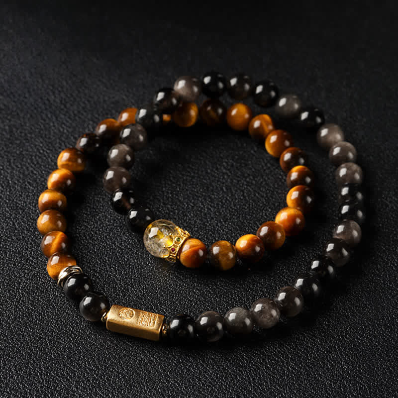 Buddha Stones Tiger Eye Silver Sheen Obsidian Prosperity Hand-Woven Double Wrap Bracelet - image 1