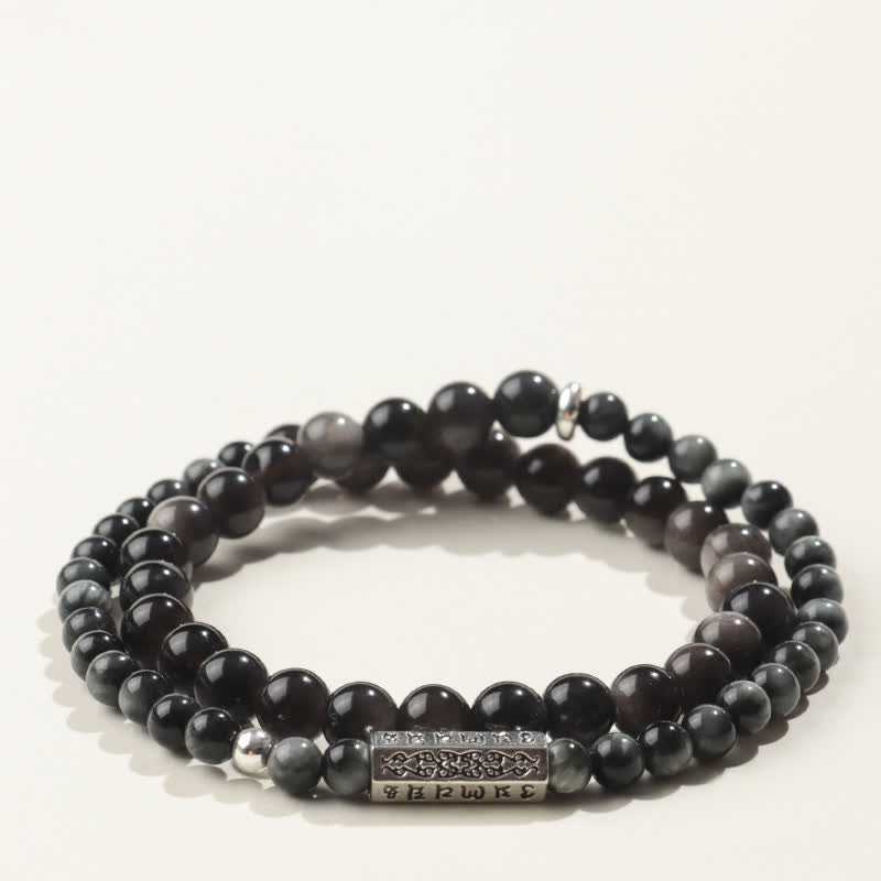 Buddha Stones Silver Sheen Obsidian Om Mani Padme Hum Grounding Double Wrap Bracelet - Style-3 - Silver Sheen Obsidian(Protection♥Soothing) - image 3