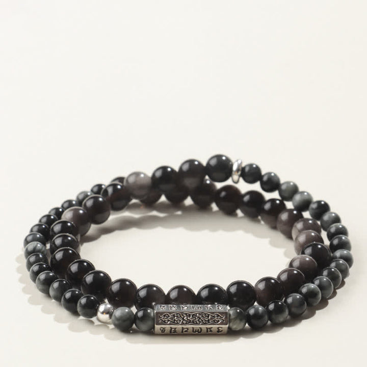 Buddha Stones Silver Sheen Obsidian Om Mani Padme Hum Grounding Double Wrap Bracelet - Style-3 - Silver Sheen Obsidian(Protection♥Soothing) - image 3