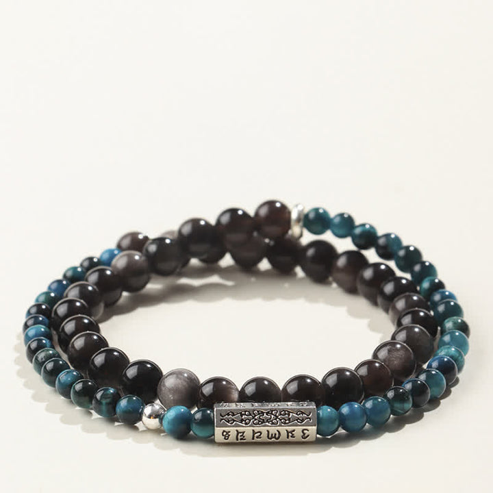 Buddha Stones Silver Sheen Obsidian Om Mani Padme Hum Grounding Double Wrap Bracelet - Style-4 - Silver Sheen Obsidian(Protection♥Soothing) - image 4