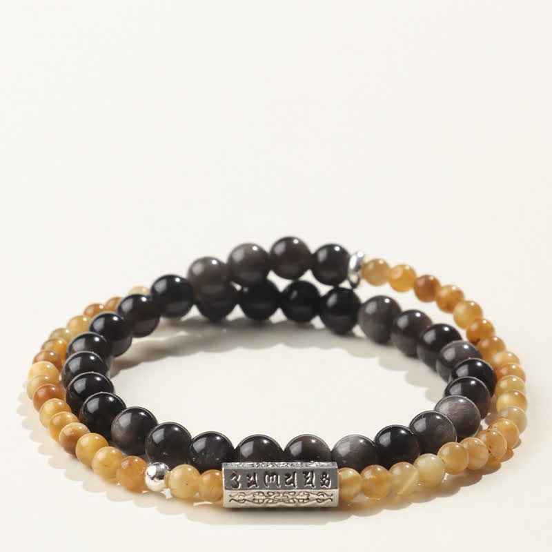 Buddha Stones Silver Sheen Obsidian Om Mani Padme Hum Grounding Double Wrap Bracelet - Style-1 - Silver Sheen Obsidian(Protection♥Soothing) - image 1