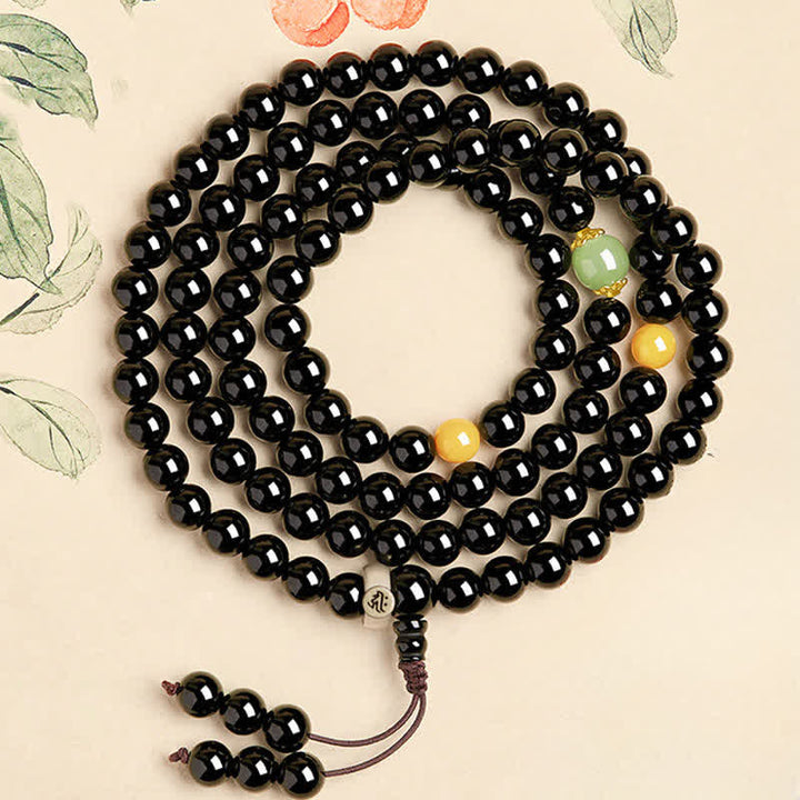 Buddha Stones Black Obsidian Chinese Zodiac Protection Hand Polished 108 Bead Tassel Mala - Rat-Thousand-armed Avalokitesvara - 8mm - image 0