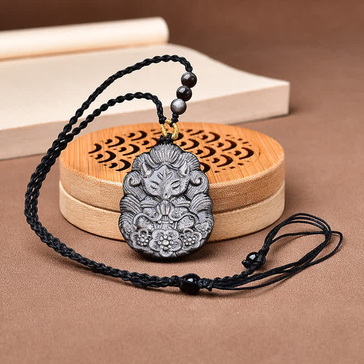 Buddha Stones Black Obsidian Nine-Tail Fox Protection Hand Carved Necklace - image 1