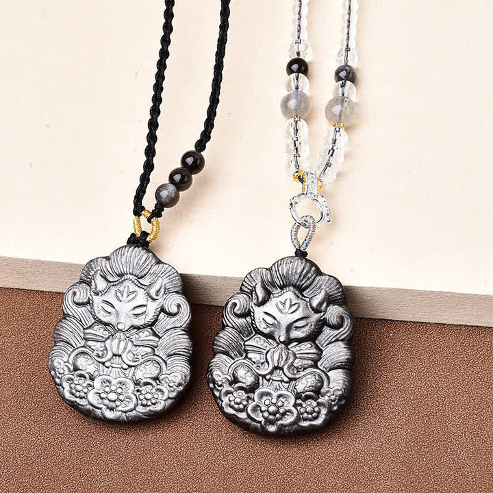 Buddha Stones Black Obsidian Nine-Tail Fox Protection Hand Carved Necklace - image 3