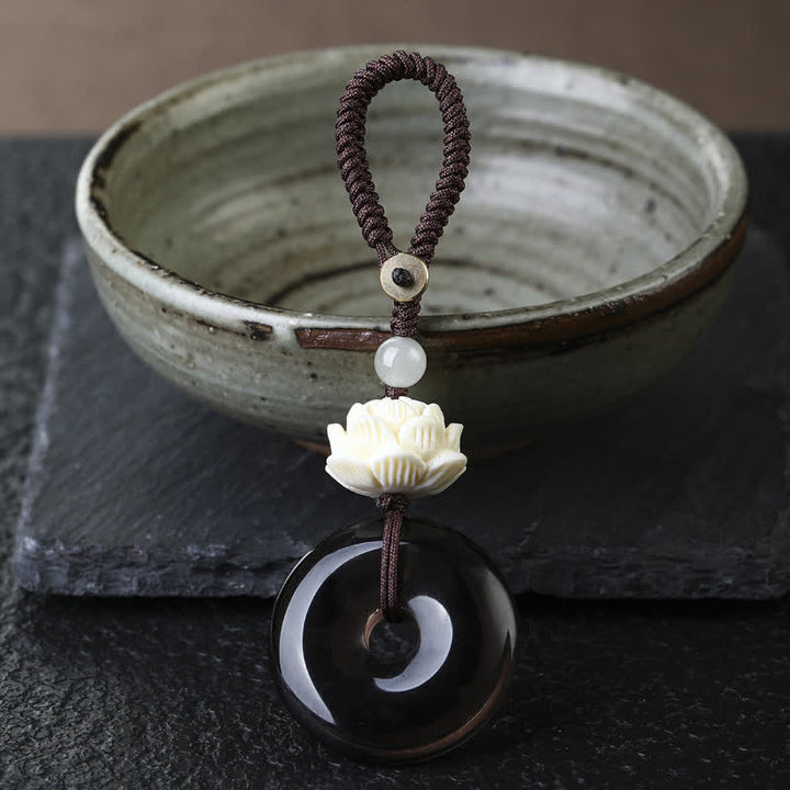 Buddha Stones Rainbow Obsidian Lotus Peace Buckle Protection Keychains - Lotus - Ice Obsidian Peace Buckle Keychain - Rainbow Obsidian(Color Shifts in Light) - image 1
