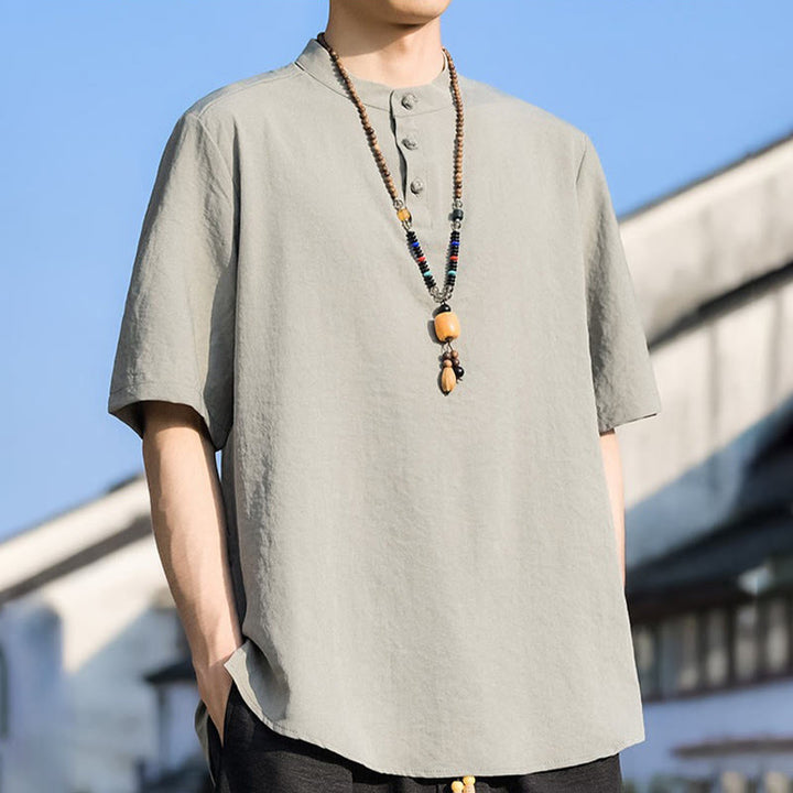 Buddha Stones Summer Casual Mandarin Collar Three Buttons Solid Men's Short Sleeve Shirts - image 1