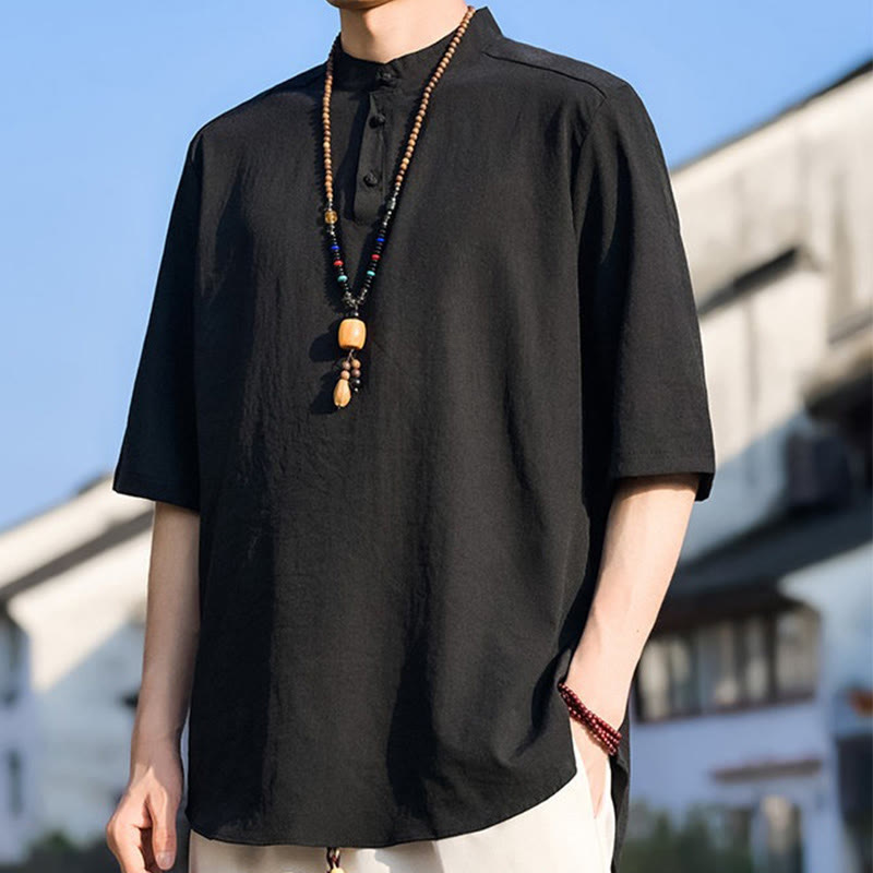 Buddha Stones Summer Casual Mandarin Collar Three Buttons Solid Men's Short Sleeve Shirts - image 7