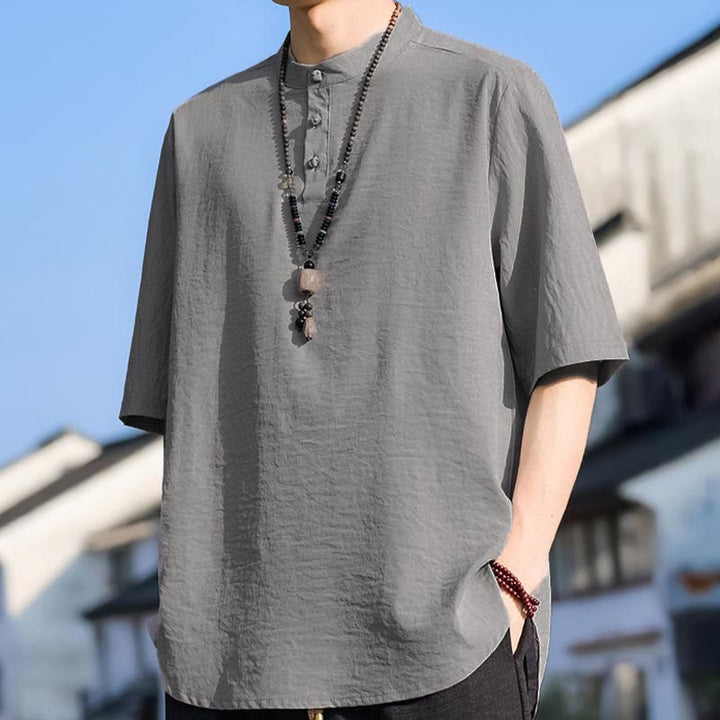 Buddha Stones Summer Casual Mandarin Collar Three Buttons Solid Men's Short Sleeve Shirts - image 16