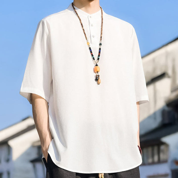 Buddha Stones Summer Casual Mandarin Collar Three Buttons Solid Men's Short Sleeve Shirts - image 25