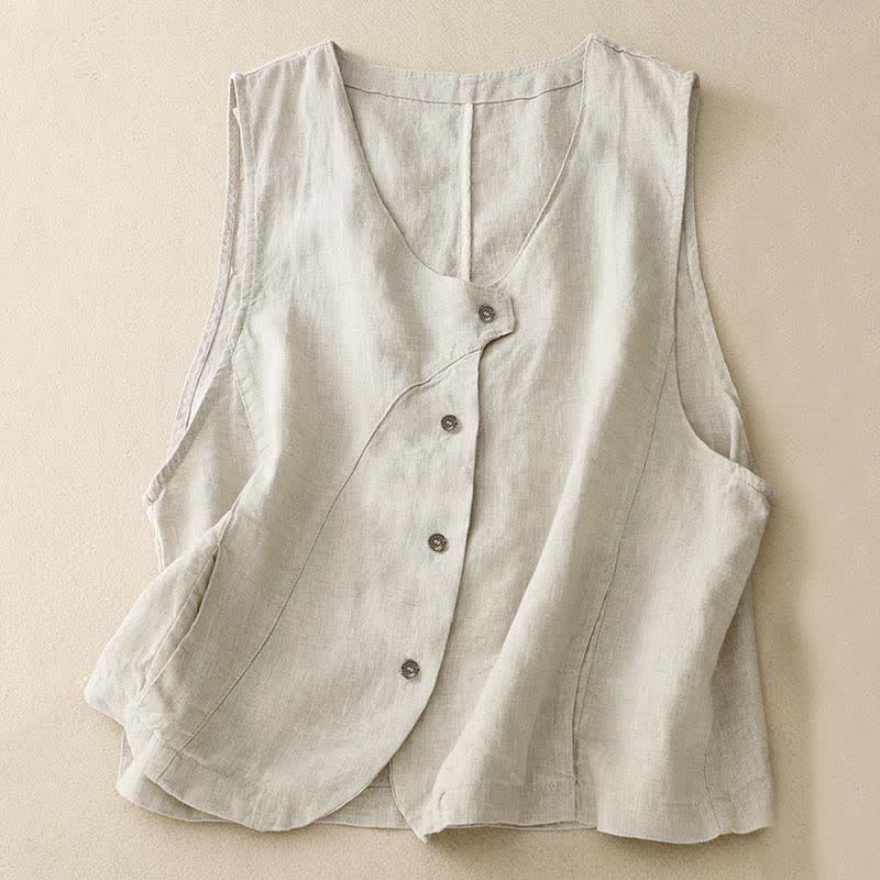 Buddha Stones Summer Casual Minimalist Lines Button-Up Solid Women's Sleeveless Shirts Tank Top With Pocket - Beige - US12, UK/AU16, EU44 (2XL) - image 0