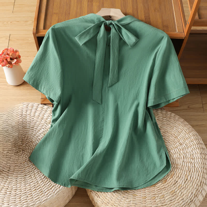 Buddha Stones Summer Crew Neck Front Pleats Lace-up Side Slit Solid Women's Short Sleeve Shirts - image 9