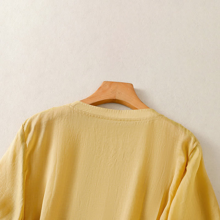 Buddha Stones Summer Casual Solid Embroidery Pleated Front Women's Short Sleeve T-Shirts - image 4