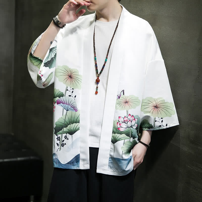 Buddha Stones Summer Casual Lotus Leaves Butterfly Crane Print Open Front Men's Kimono - image 5