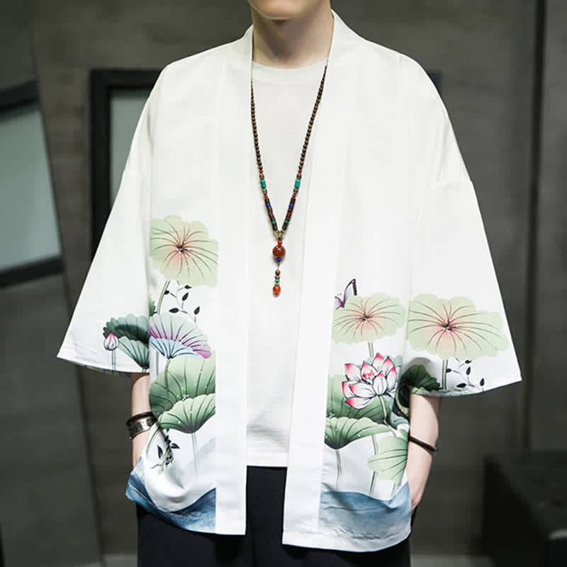 Buddha Stones Summer Casual Lotus Leaves Butterfly Crane Print Open Front Men's Kimono - image 1