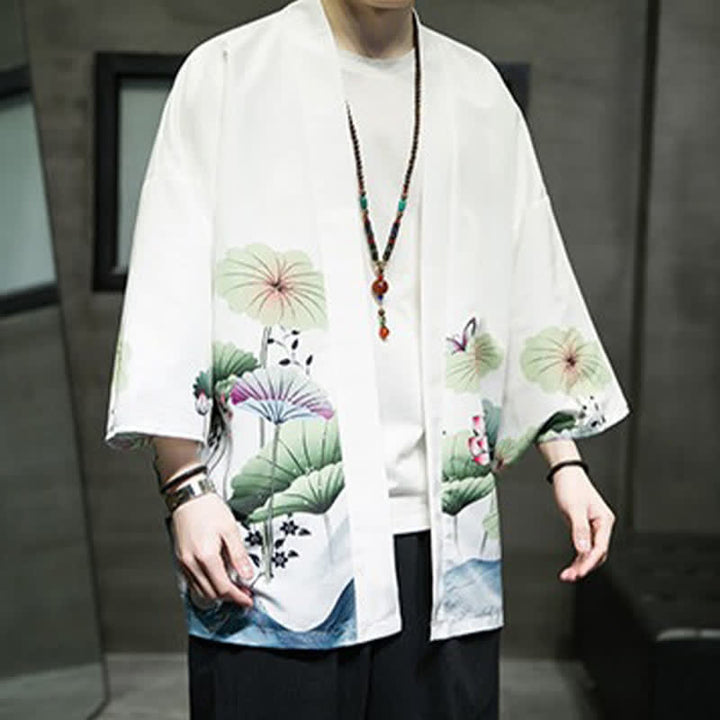 Buddha Stones Summer Casual Lotus Leaves Butterfly Crane Print Open Front Men's Kimono - image 2